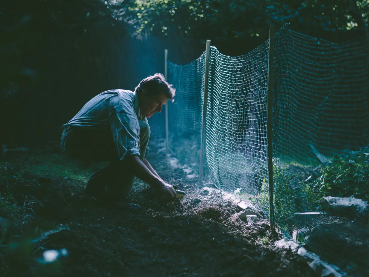 An image of a man installing chicken wire in his garden.