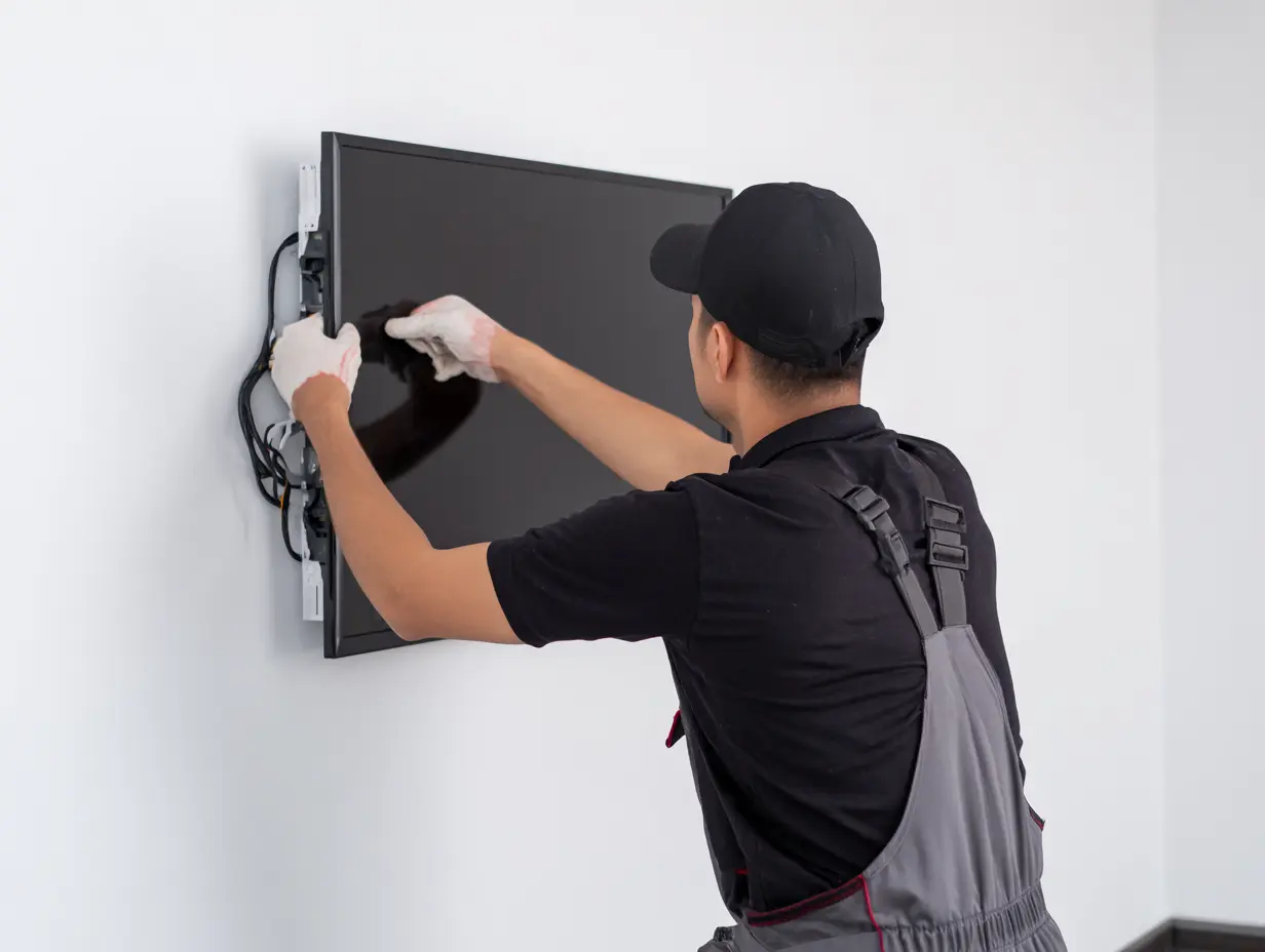 A technician mounting a TV onto a wall.