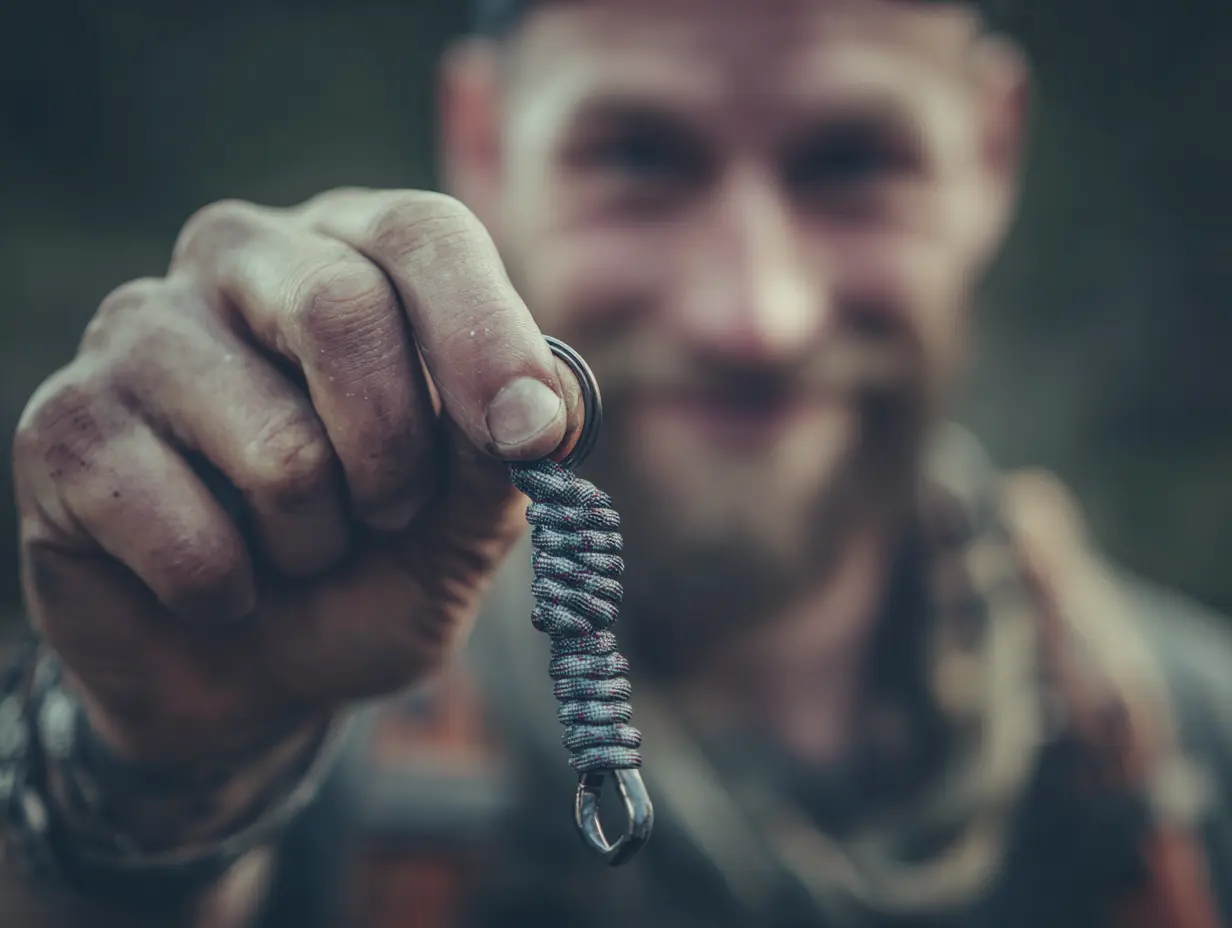 A man holding his DIY Paracord Utility Keychain up to the camera and smiling