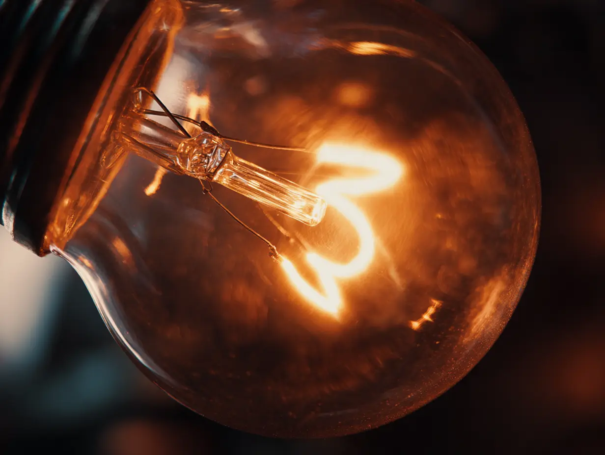 A closeup shot of a bulb and it's glowing carbon filament.