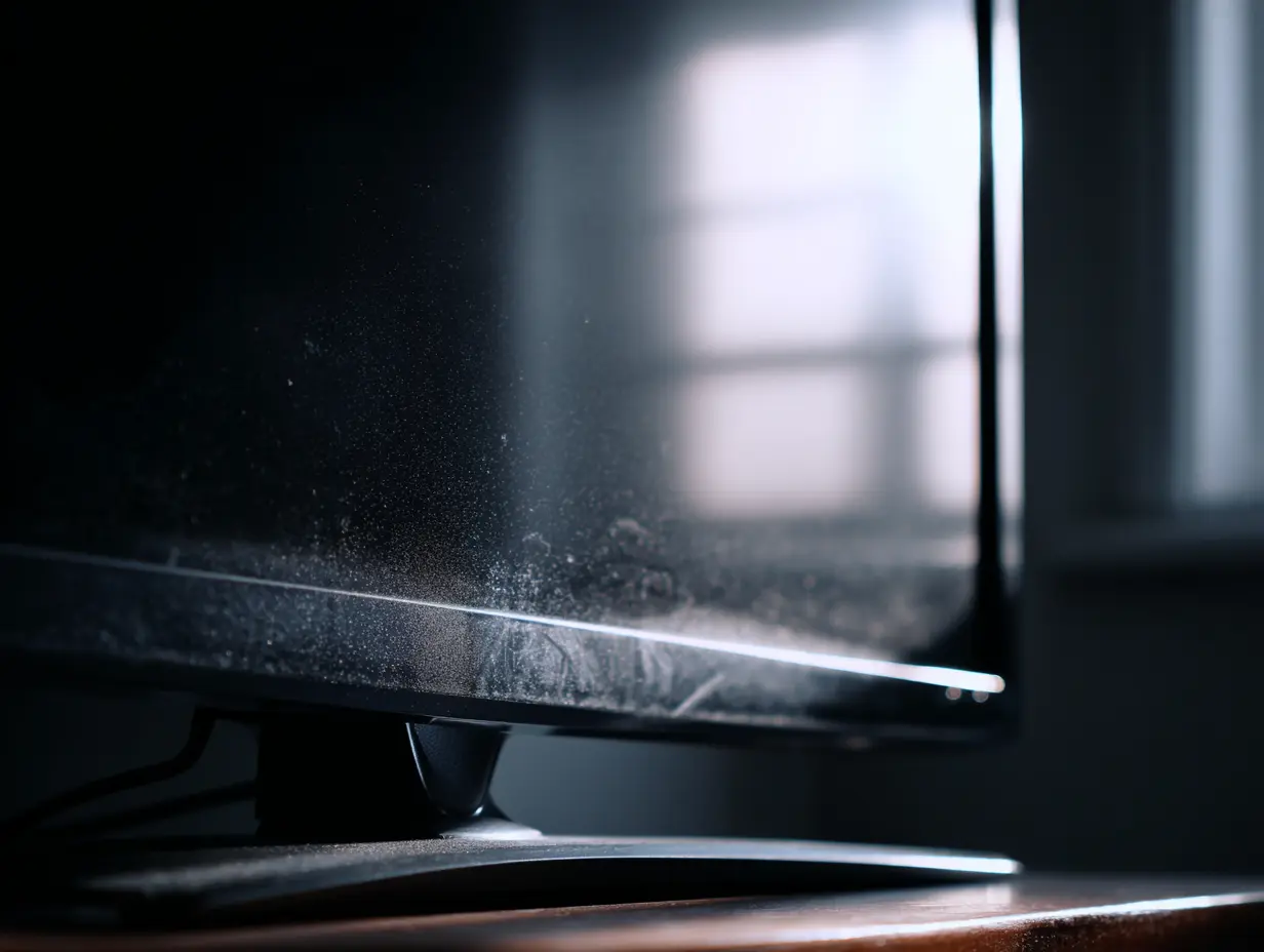 A dusty LCD monitor/TV kept on a table.