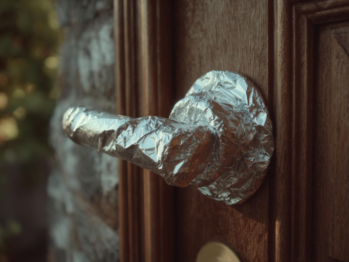 A front door handle wrapped in aluminium foil.