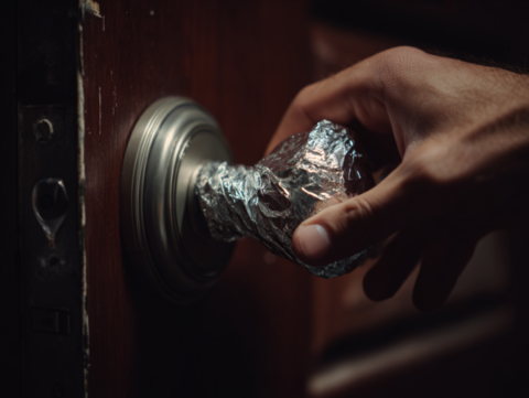 Cinematic realistic shot of a man's hand about to open a front door knob, which is wrapped in aluminium foil.