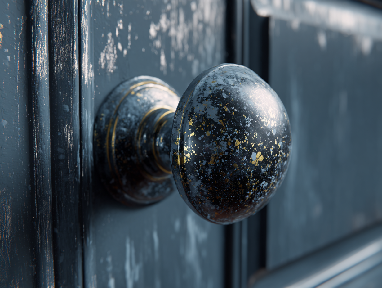 Cinematic realistic shot of a metal doorknob with paint splatter, while the door is being painted.