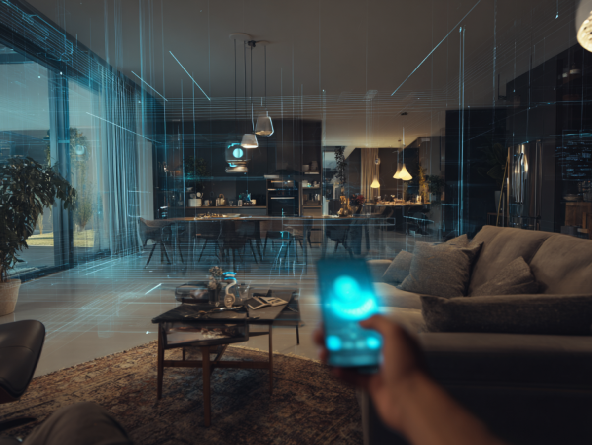 Cinematic shot of a smart home interior with smart devices visible.