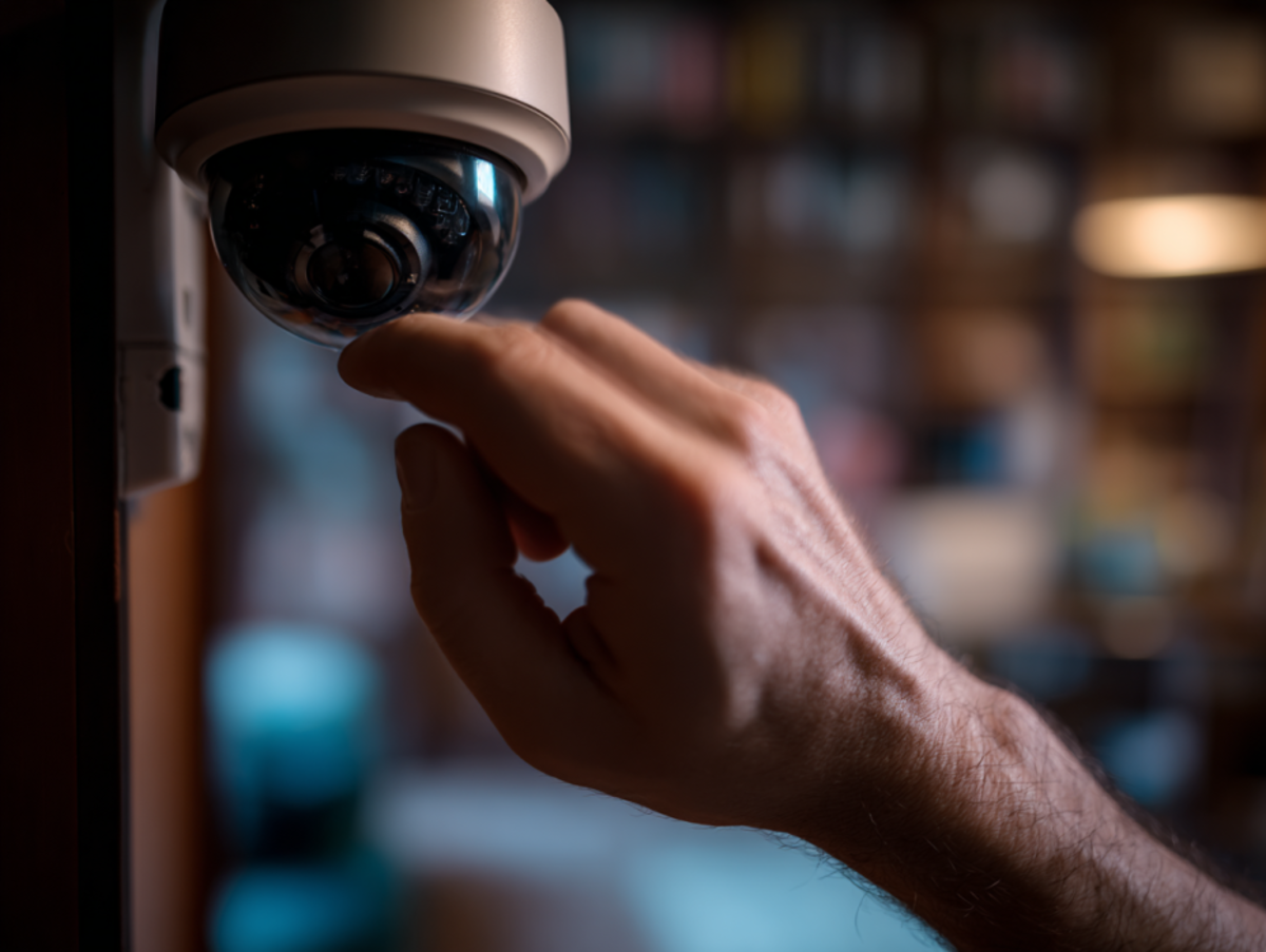 A man's hand unplugging a smart camera indoors. 