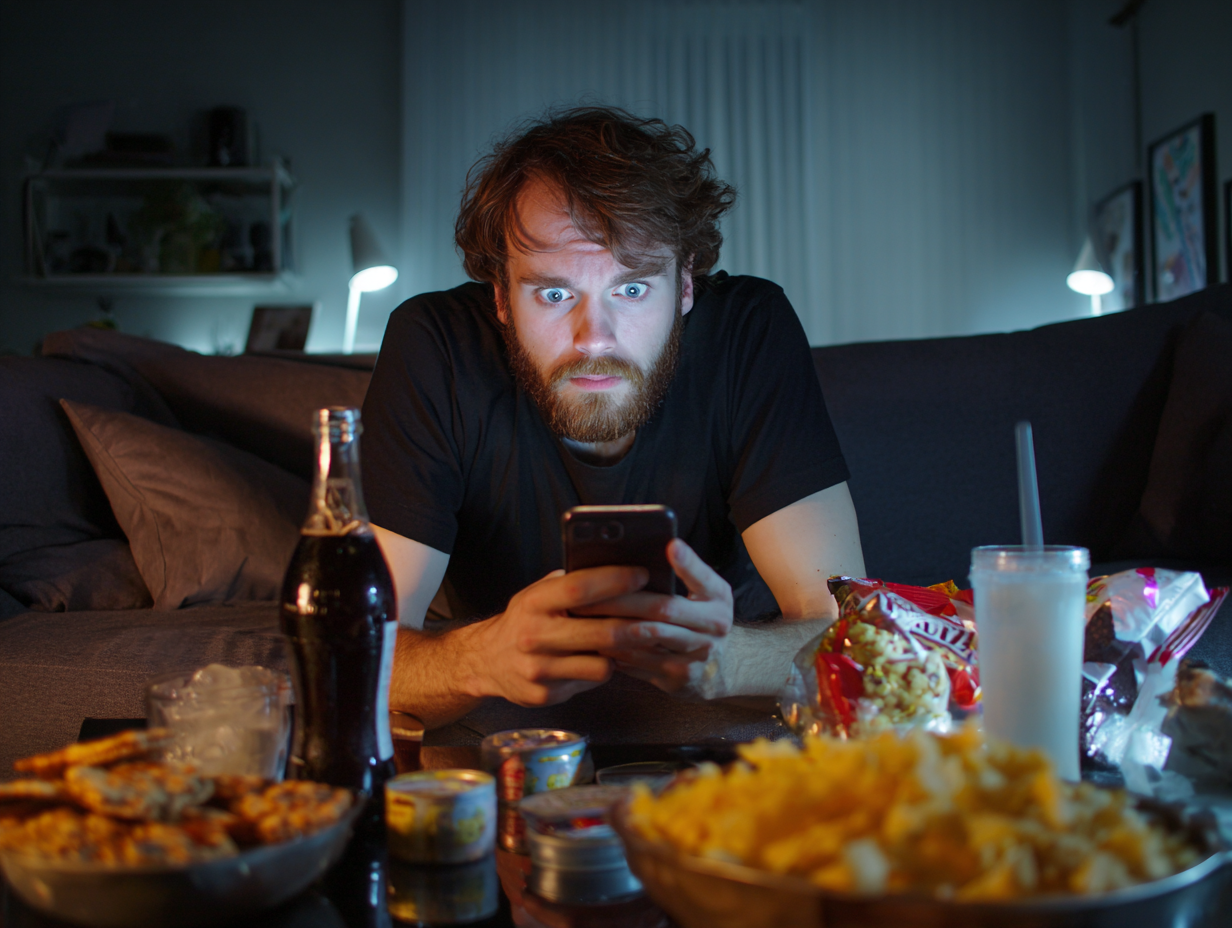 Cinematic shot of a man in a living room doomscrolling on his phone at night and snacking on unhealthy stuff.