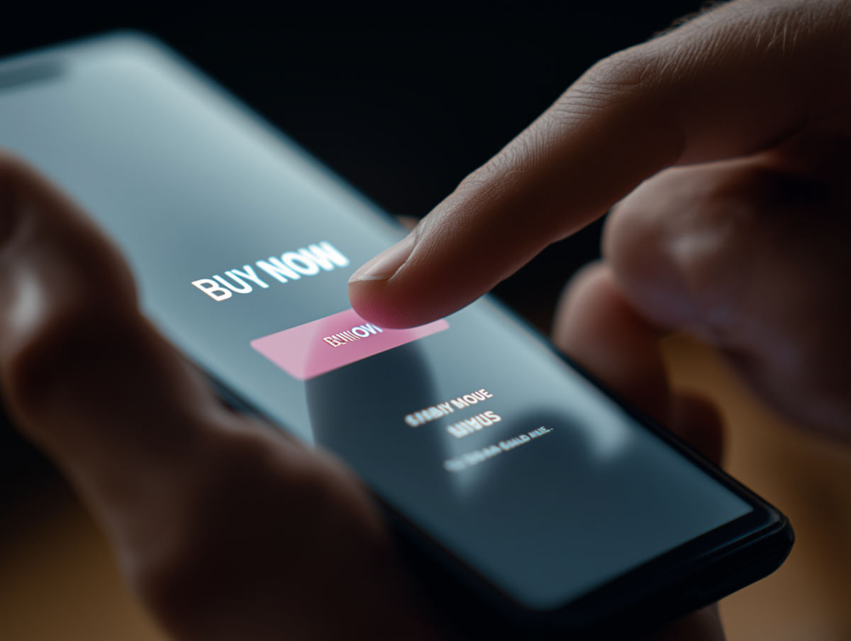 Cinematic closeup shot of a phone screen on which a man is about to place a purchase order. The man is about to tap on a tab like "BUY NOW."