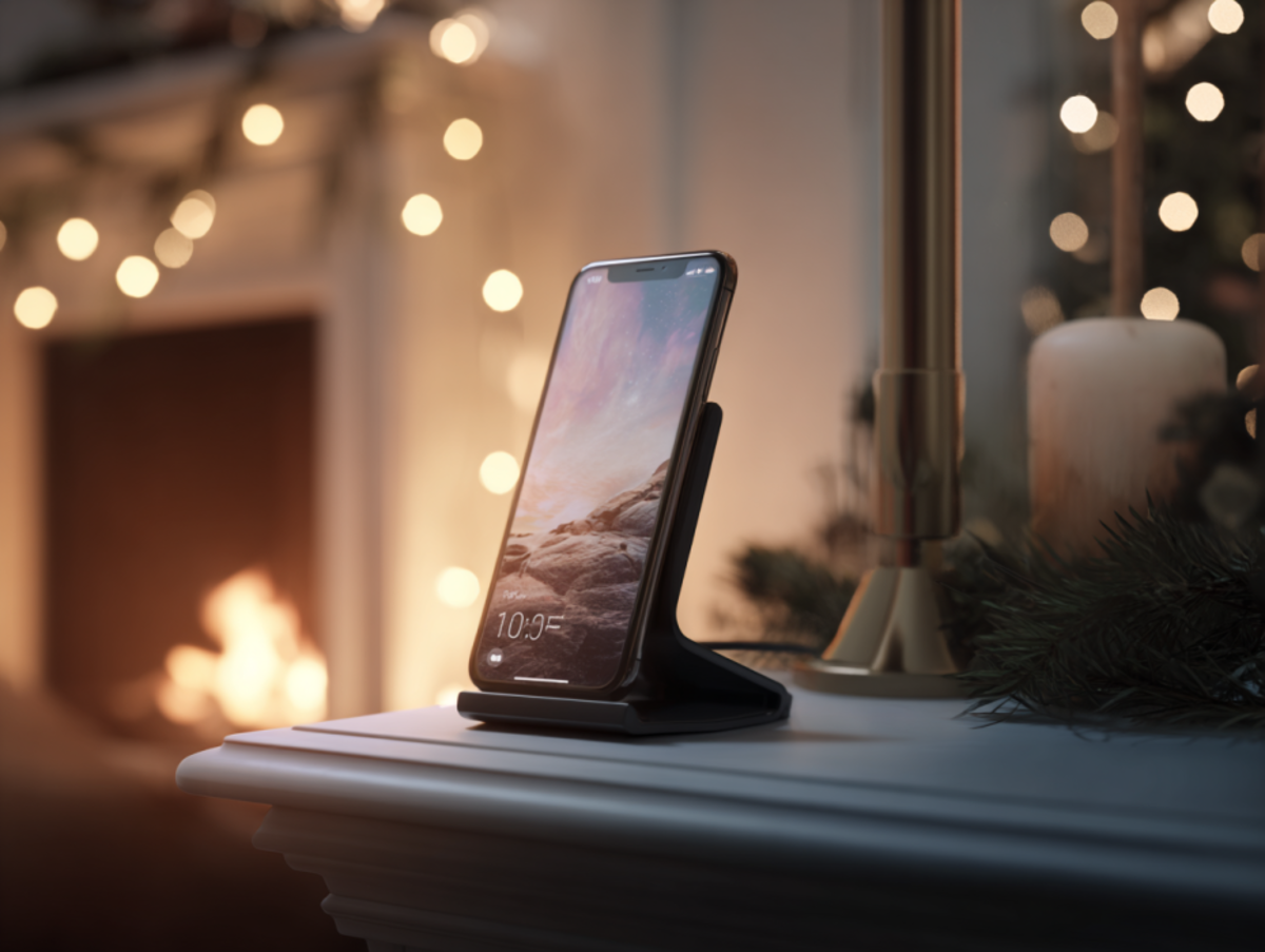 Cinematic shot of a phone placed for charging in a stand on a mantelpiece.