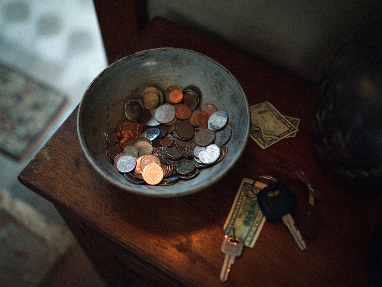 Cinematic shot of a bowl in the entryway table of a house to collect keys, loose change, and other loose papers.