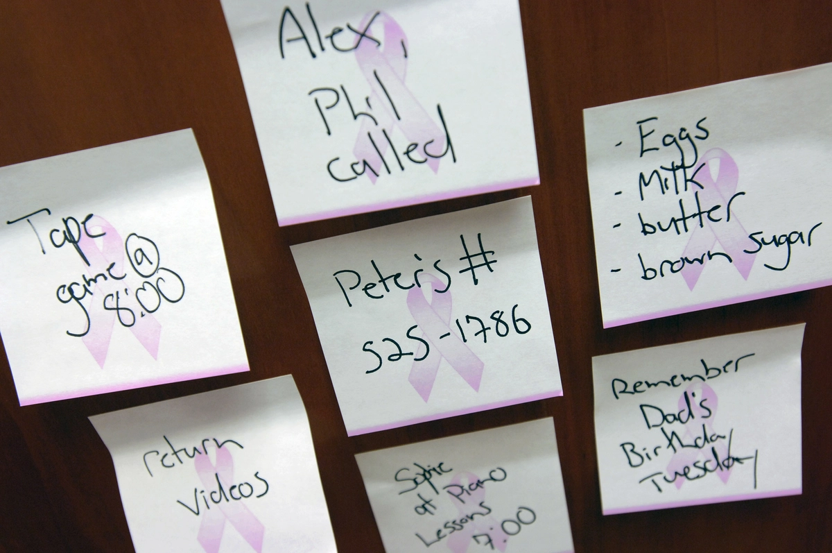 Post It notes with reminders on a board