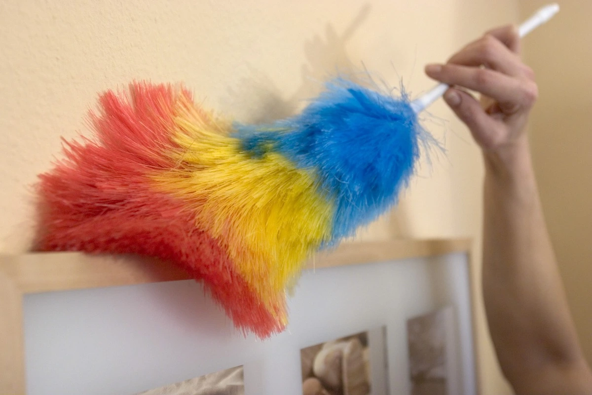 A hand using a feather duster to clean a painting on the wall. 