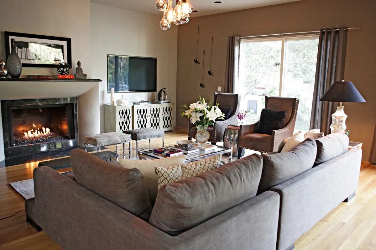 Well lit, cozy, living room in winter