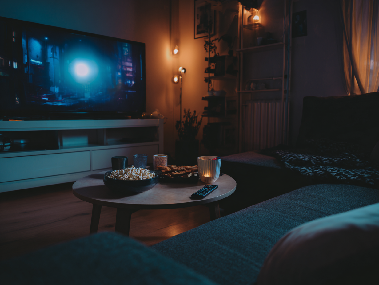 Cinemtic shot of a home movie night setup with the TV, sofa, and snacks on the coffee table.