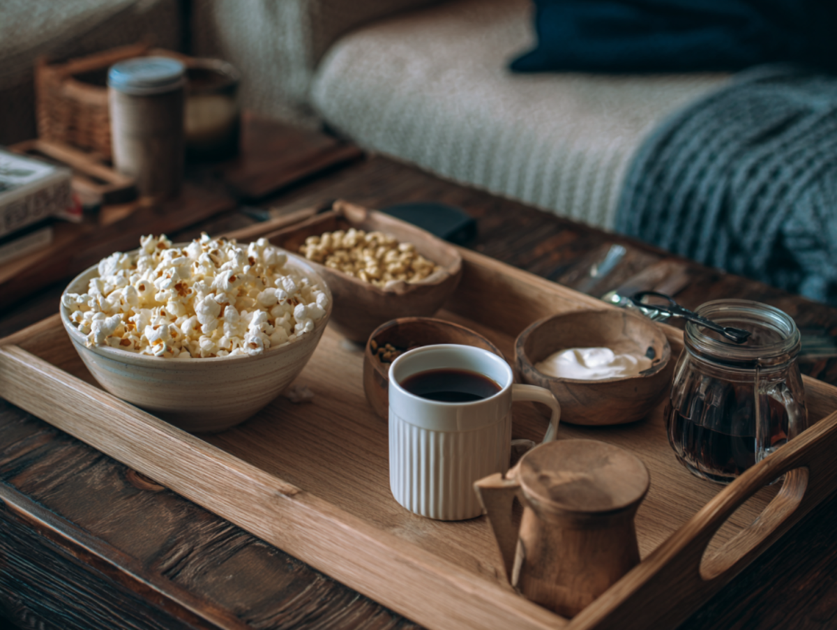 Cinematic shot of a simple wooden tray with food and drinks for a movie night set on the coffee table. 