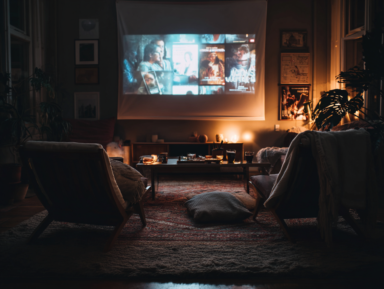 Cinematic shot of a cozy setup with rug on the floor and a blanket thrown over the chairs in front of a home TV. It's movie night.