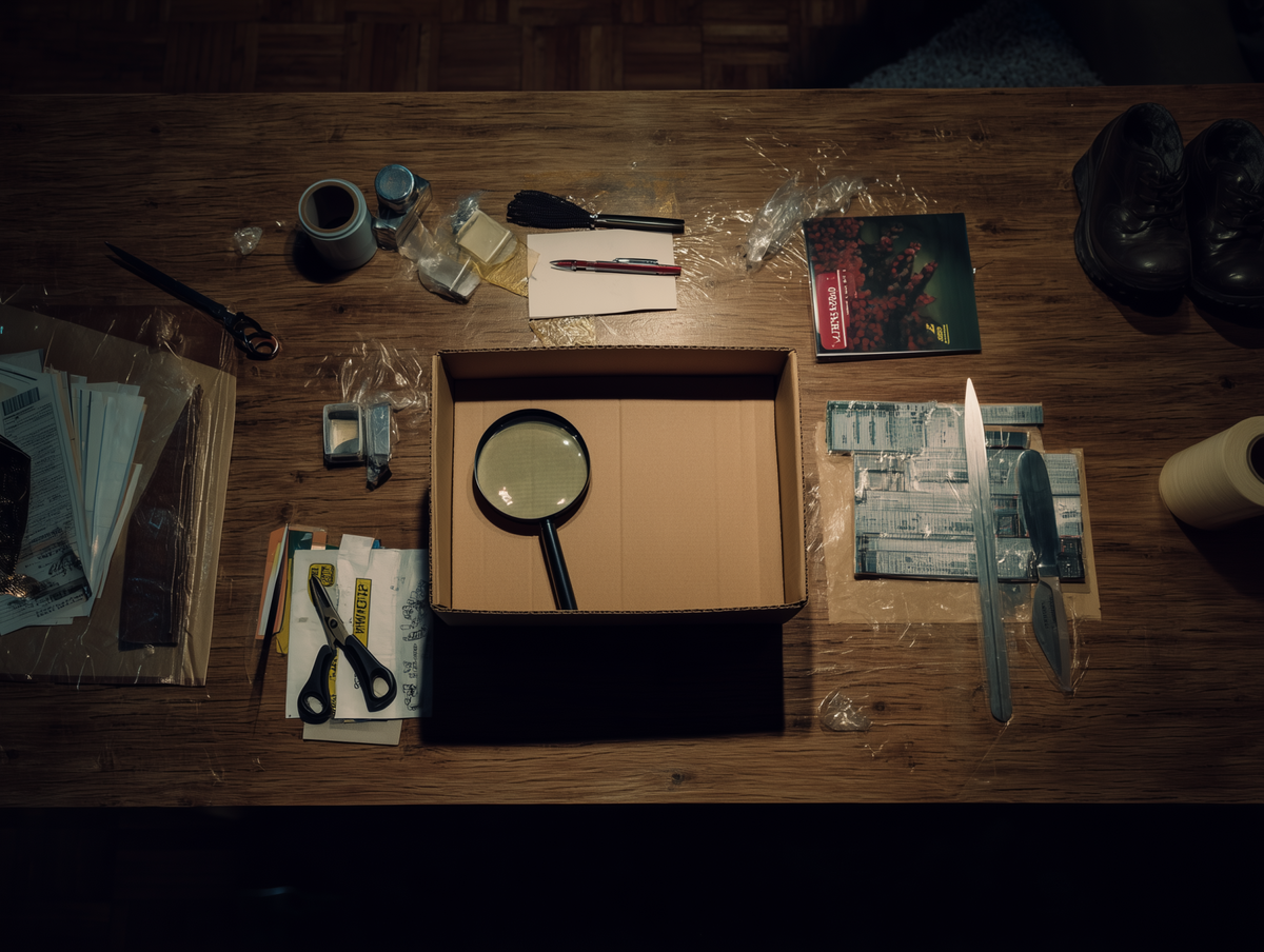 A cinematic shot of a table on which the following items are spread out: A shoebox (or any cardboard box with a lid)A magnifying glass (the larger the lens, the better)Tape (duct tape or strong packing tape)Scissors/box cutterA few books/cards to prop your phone inside the box.