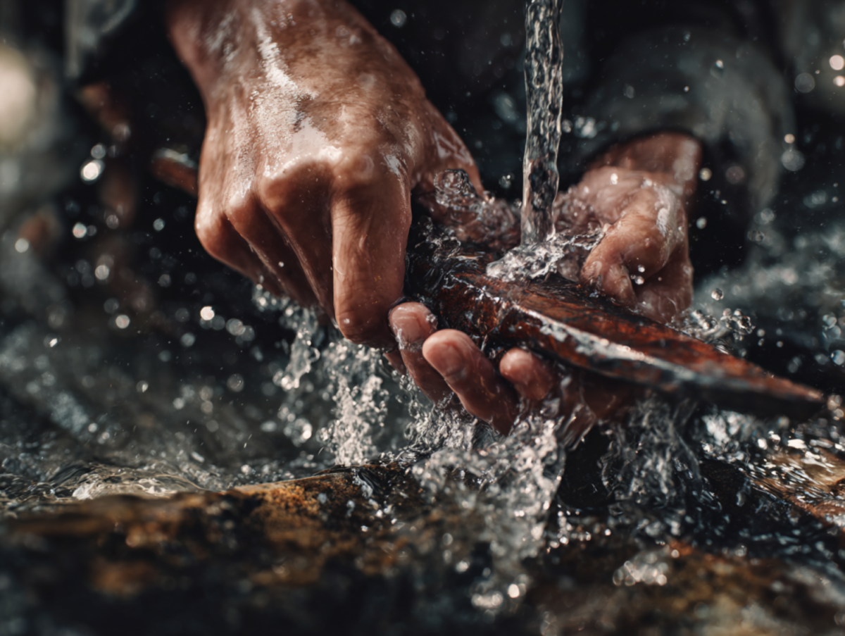 Cinematic realistic shot of a man's hands washing rust off an iron tool under running water.