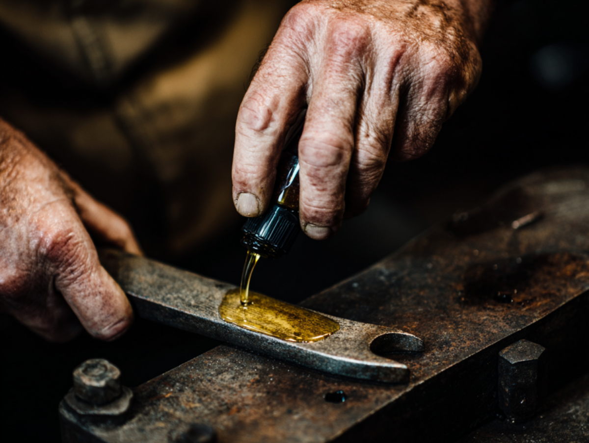 Cinematic shot of a man's hands applying a thin layer of oil to a freshly cleaned iron spanner.
